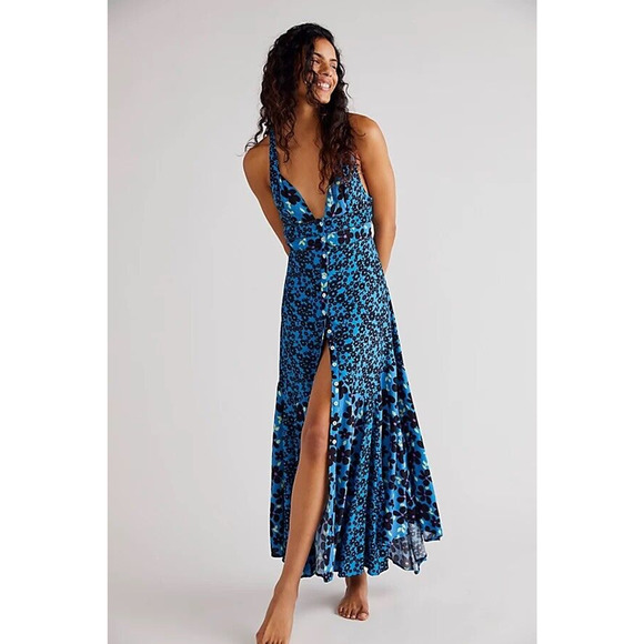 Free People Dresses & Skirts - NEW Free People Dewberry Maxi Dress Sundress Blue Black Floral Print Plunging M